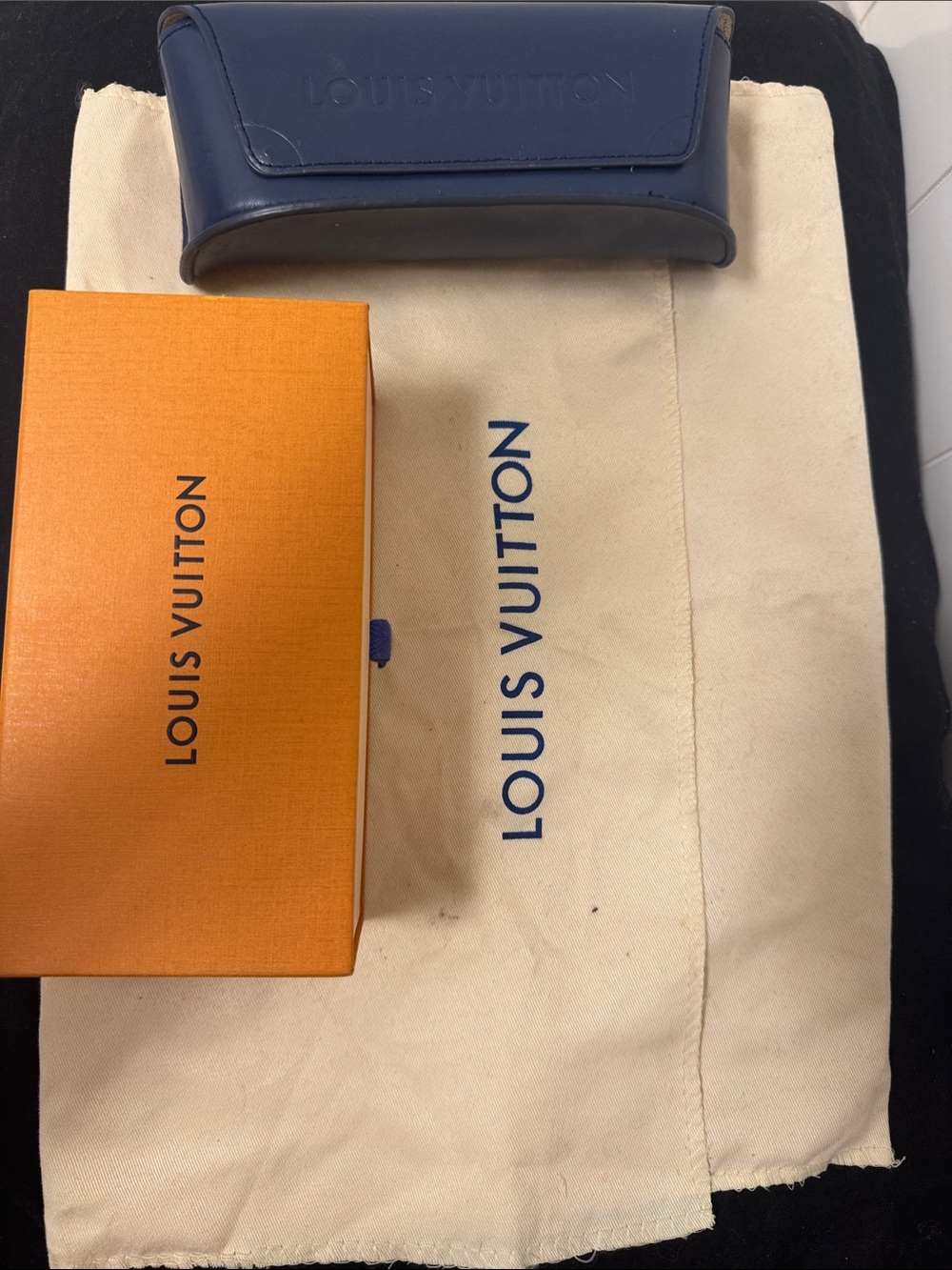 Louis Vuitton Navy Sunglasses Case with Orange Box and Cream Dust Bag